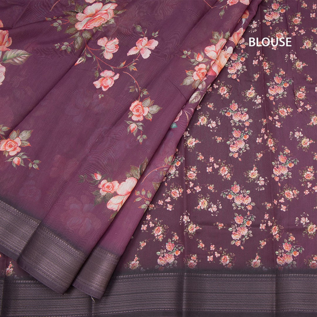 Semi Linen Wine Colour Floral Printed Saree With Zari Border