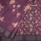 Semi Linen Wine Colour Floral Printed Saree With Zari Border