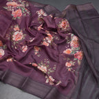 Semi Linen Wine Colour Floral Printed Saree With Zari Border
