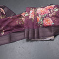 Semi Linen Wine Colour Floral Printed Saree With Zari Border