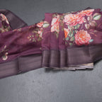 Semi Linen Wine Colour Floral Printed Saree With Zari Border