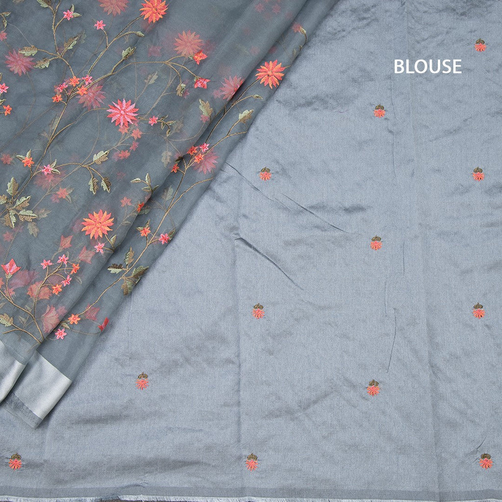 Organza Greyish Blue Thread Work Saree With Zari Border