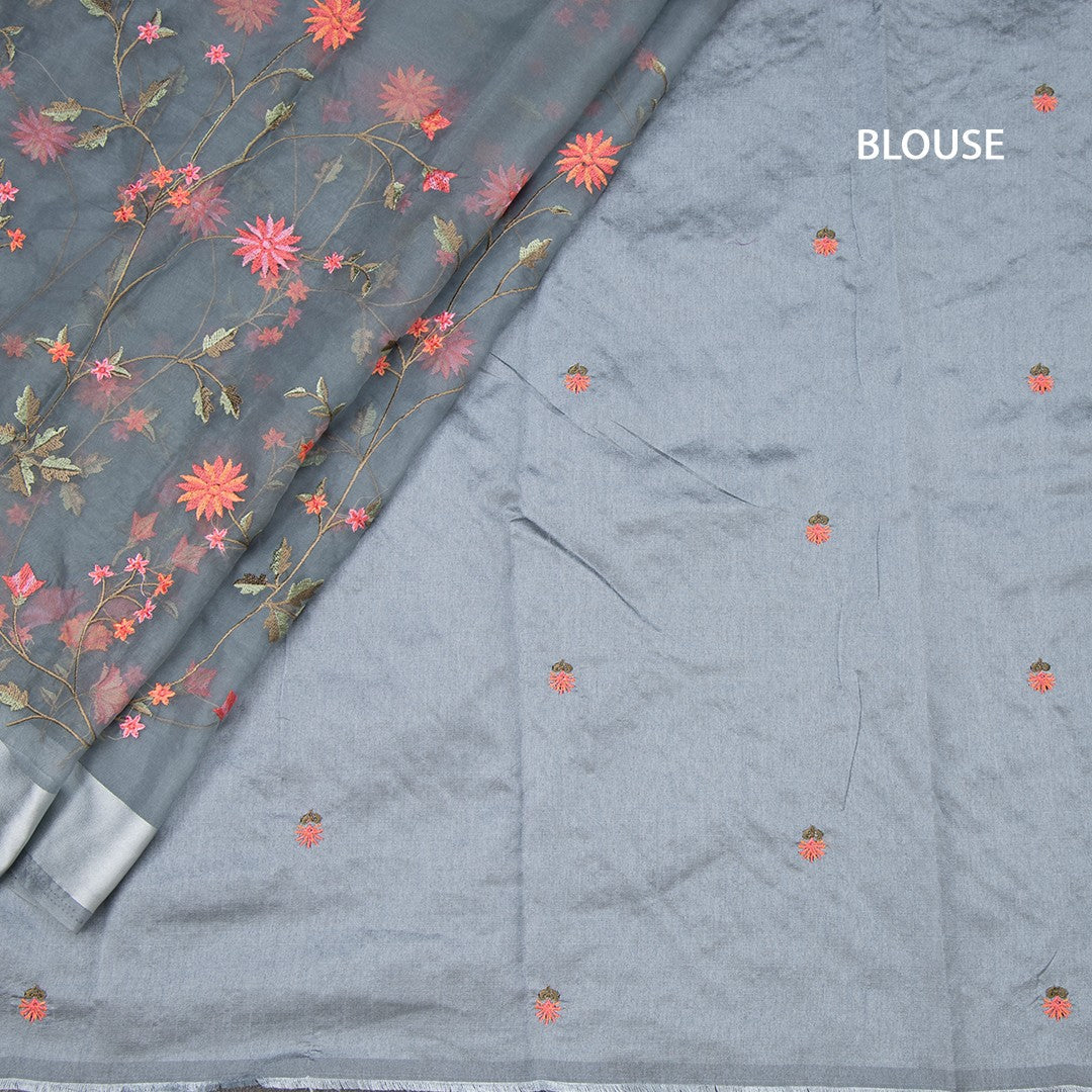 Organza Greyish Blue Thread Work Saree With Zari Border