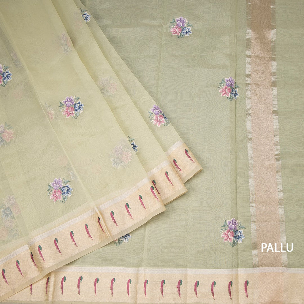 Organza Light Green Thread Work Saree With Zari Border