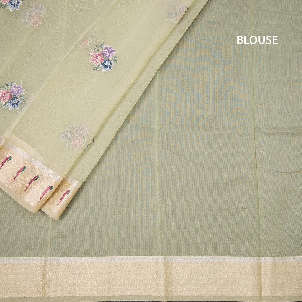 Organza Light Green Thread Work Saree With Zari Border