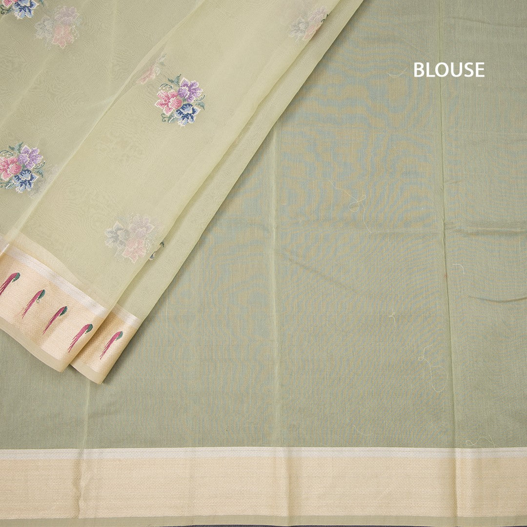 Organza Light Green Thread Work Saree With Zari Border