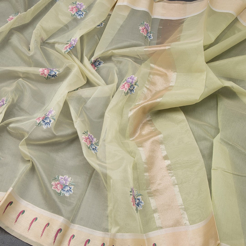 Organza Light Green Thread Work Saree With Zari Border