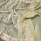 Organza Light Green Thread Work Saree With Zari Border