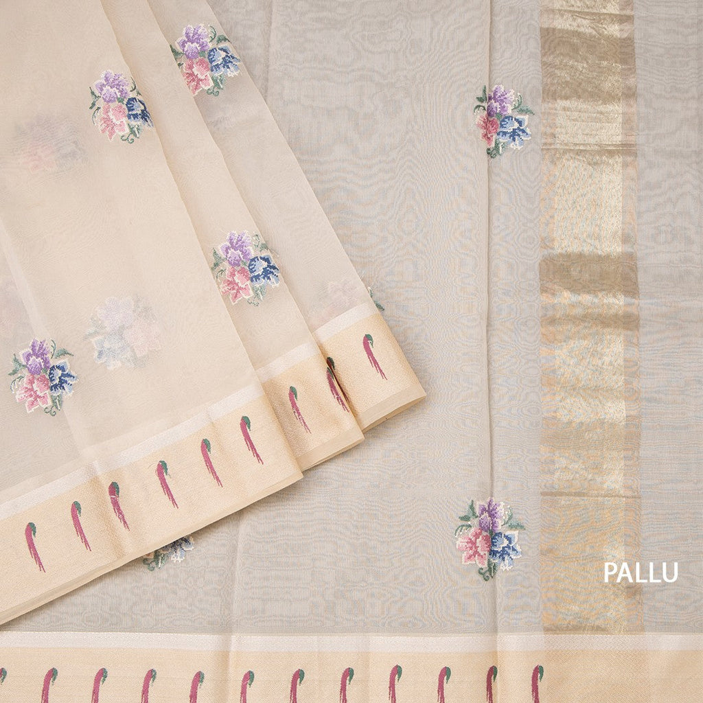 Organza Cream Floral Thread Work Saree With Zari Border