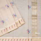 Organza Cream Floral Thread Work Saree With Zari Border