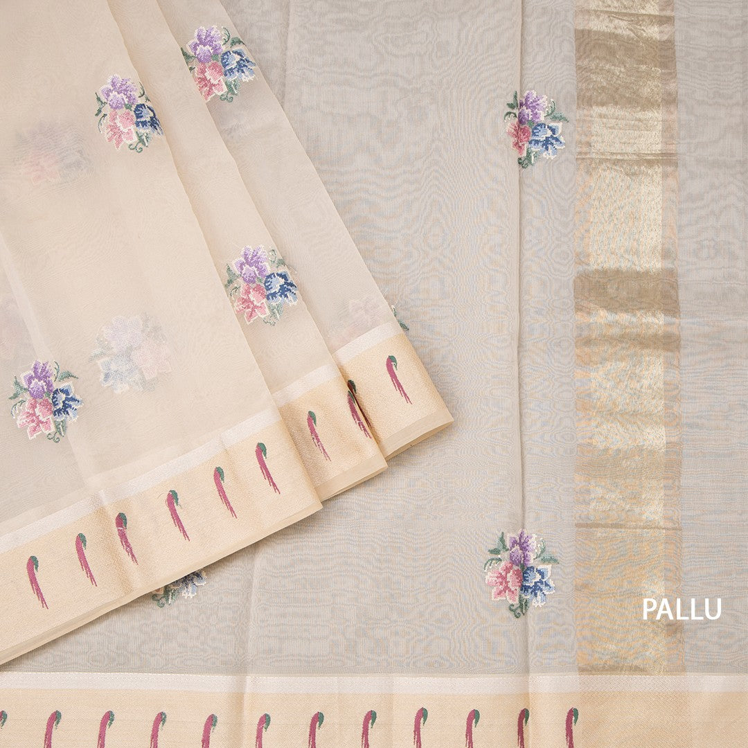 Organza Cream Floral Thread Work Saree With Zari Border
