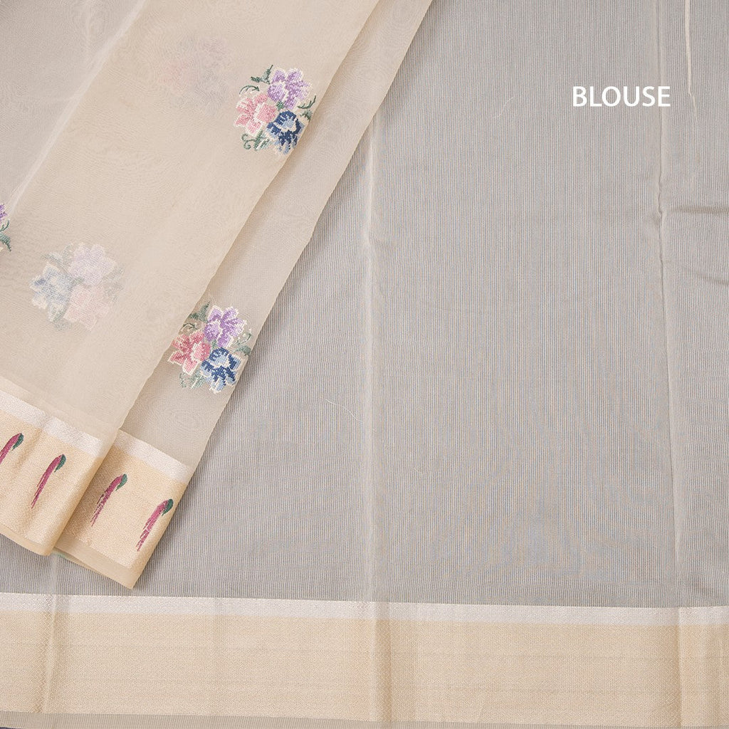 Organza Cream Floral Thread Work Saree With Zari Border
