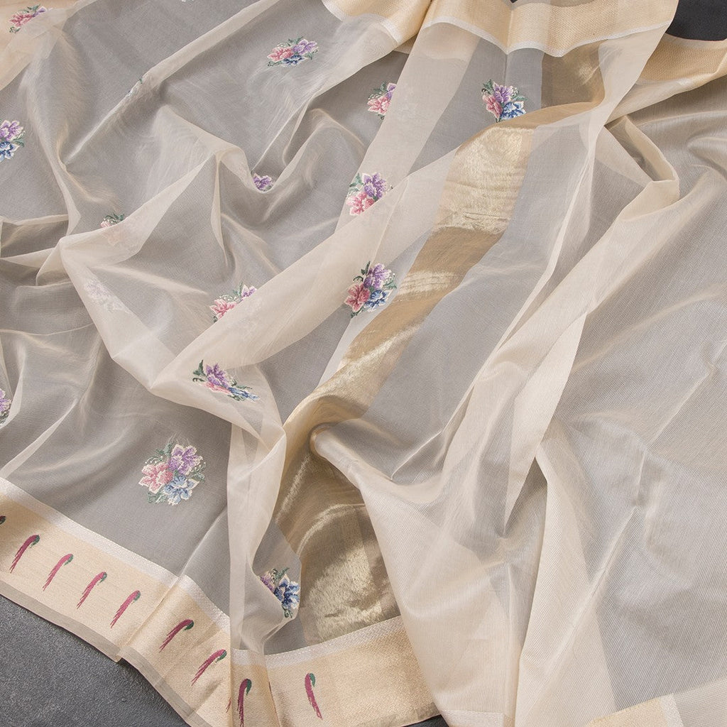 Organza Cream Floral Thread Work Saree With Zari Border