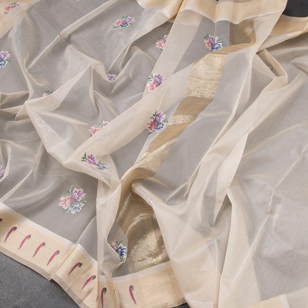 Organza Cream Floral Thread Work Saree With Zari Border