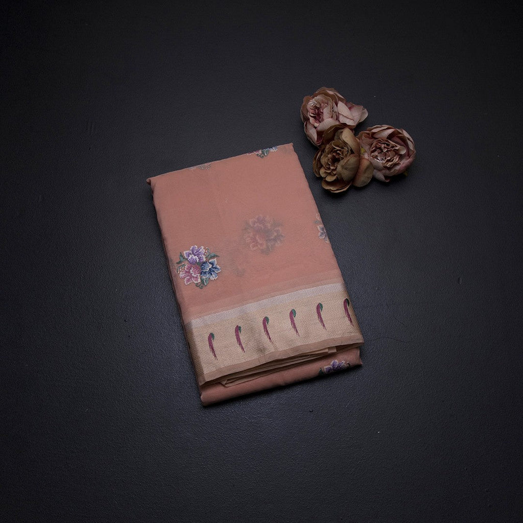 Organza Peach Floral Thread Work Saree With Zari Border