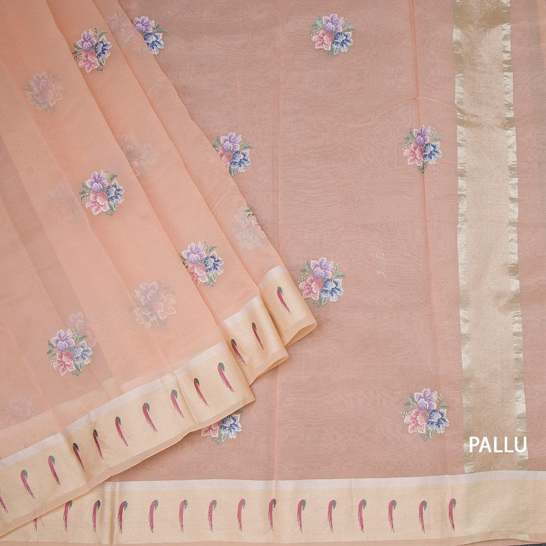 Organza Peach Floral Thread Work Saree With Zari Border