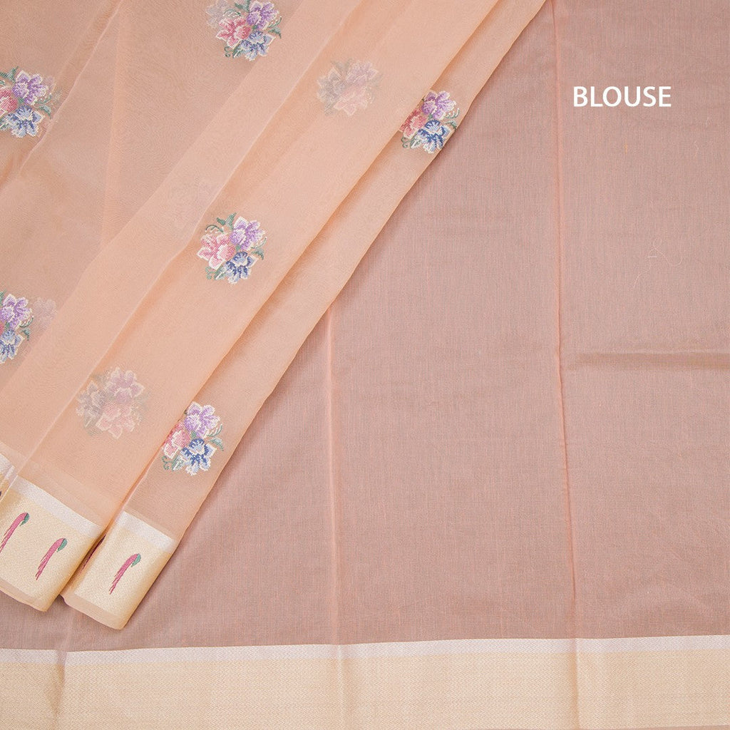 Organza Peach Floral Thread Work Saree With Zari Border