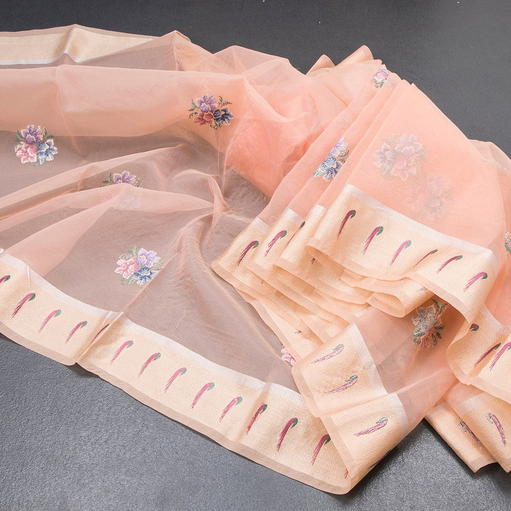 Organza Peach Floral Thread Work Saree With Zari Border