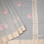 Organza Grey Floral Thread Work Saree With Zari Border
