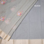 Organza Grey Floral Thread Work Saree With Zari Border