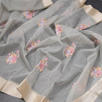 Organza Grey Floral Thread Work Saree With Zari Border