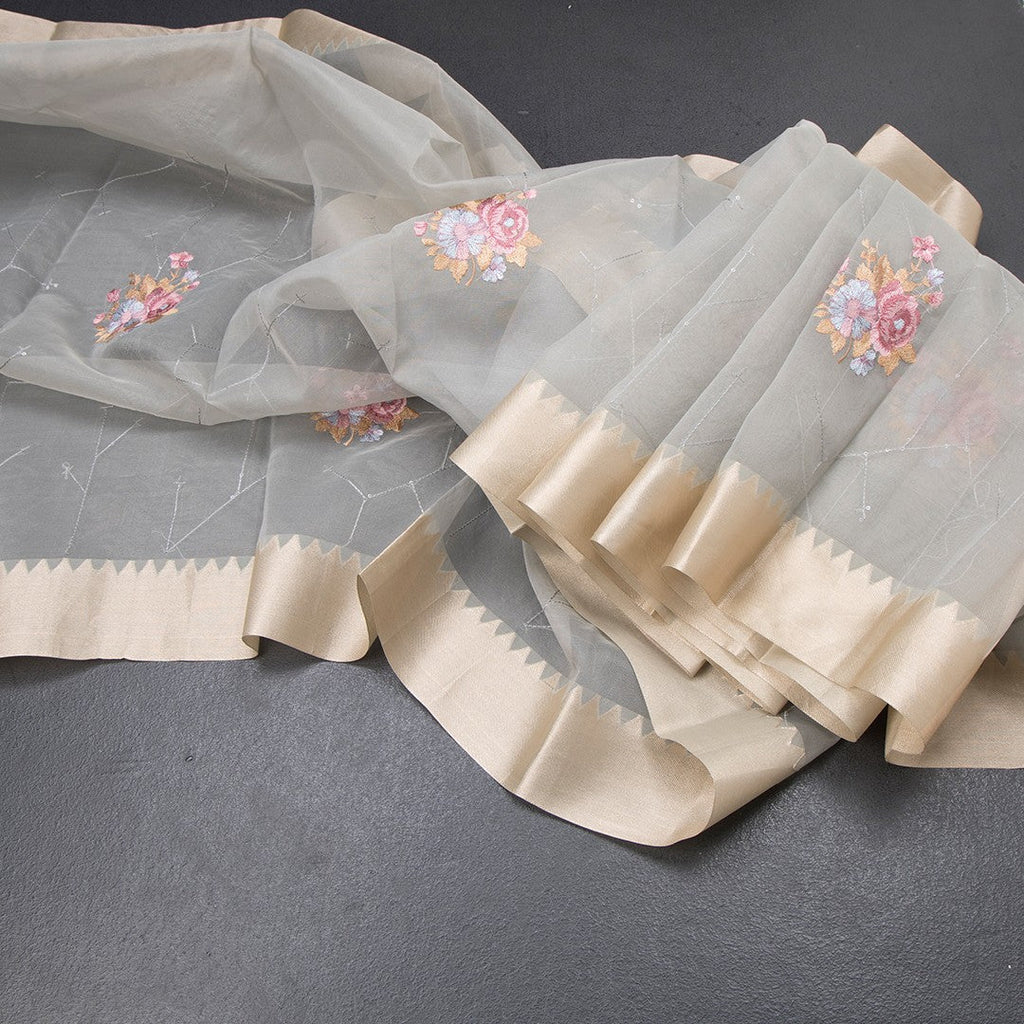 Organza Grey Floral Thread Work Saree With Zari Border