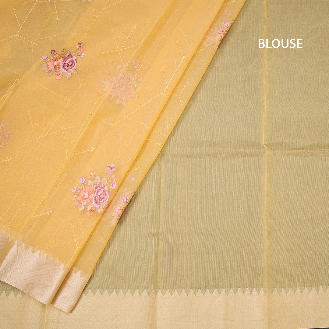 Organza Mango Yellow Floral Thread Work Saree With Zari Border