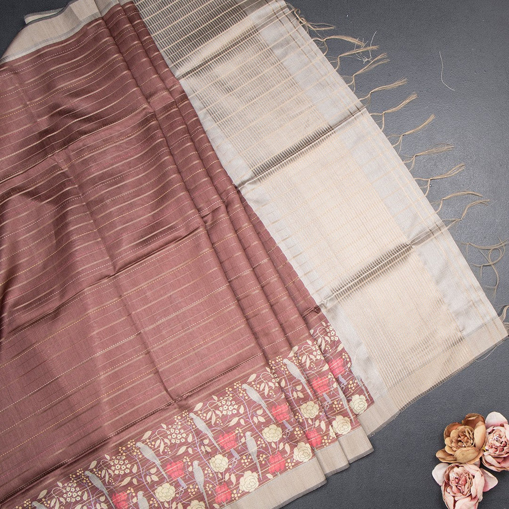 Tussar Dark Brown Zari Stripes Saree With Printed Work
