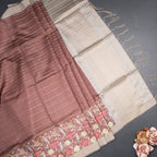 Tussar Dark Brown Zari Stripes Saree With Printed Work
