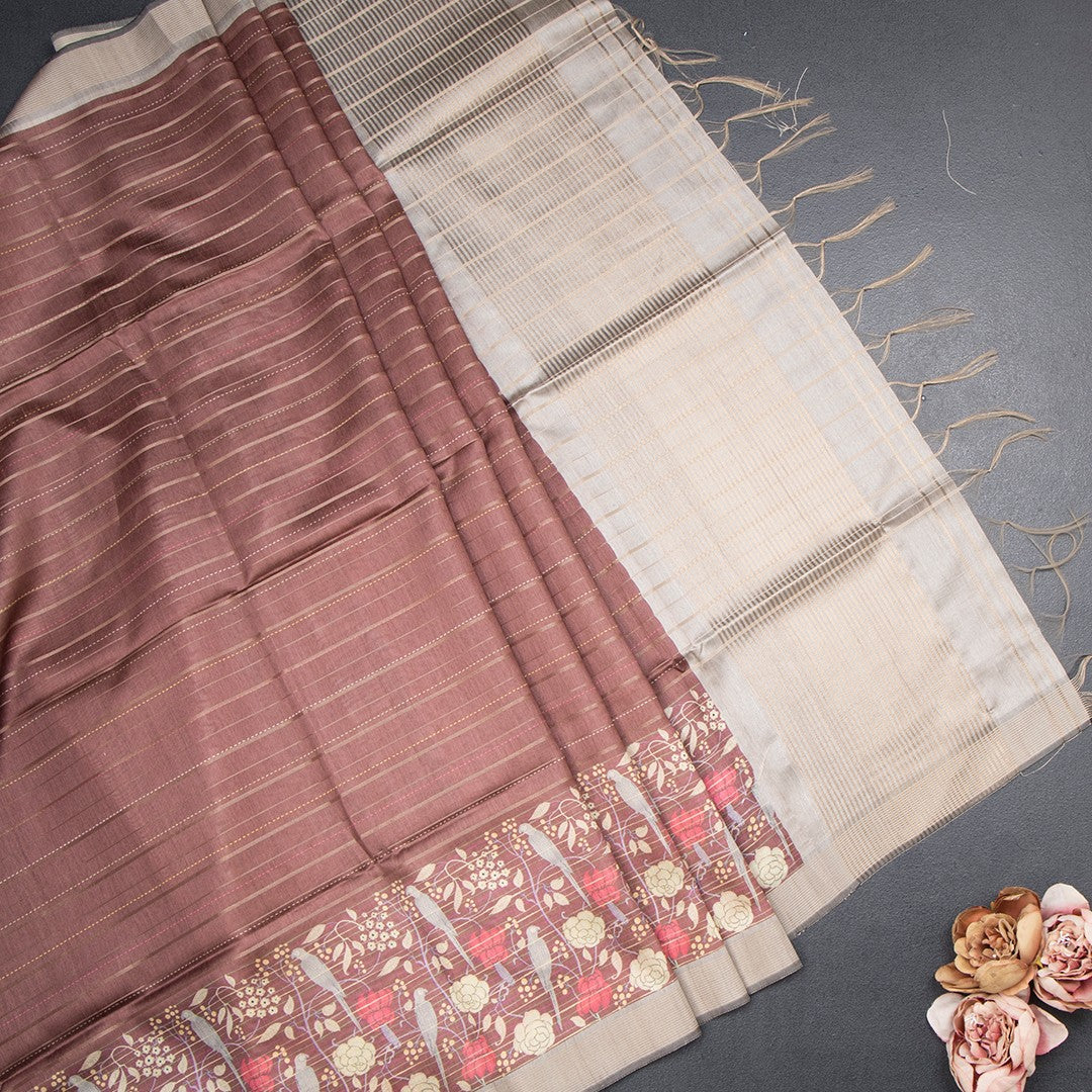 Tussar Dark Brown Zari Stripes Saree With Printed Work