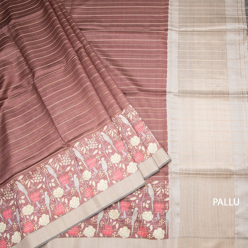 Tussar Dark Brown Zari Stripes Saree With Printed Work