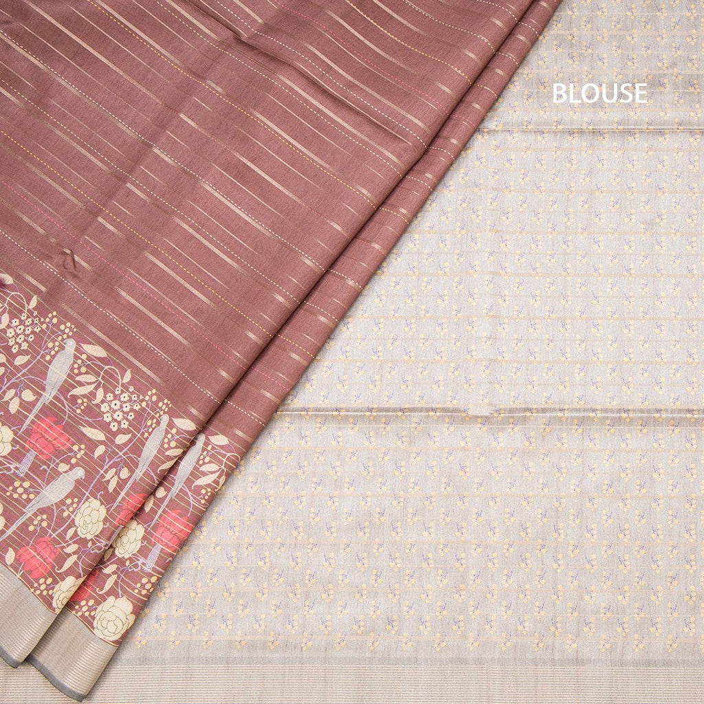 Tussar Dark Brown Zari Stripes Saree With Printed Work