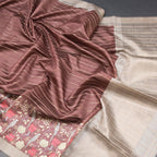 Tussar Dark Brown Zari Stripes Saree With Printed Work