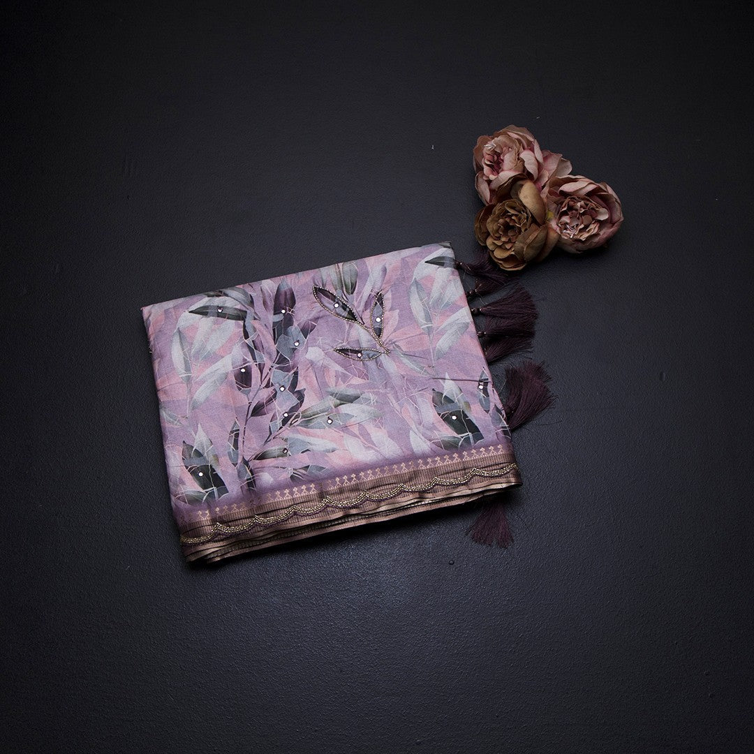Raw Silk Light Pink Leaf Printed With Mirror Work Saree