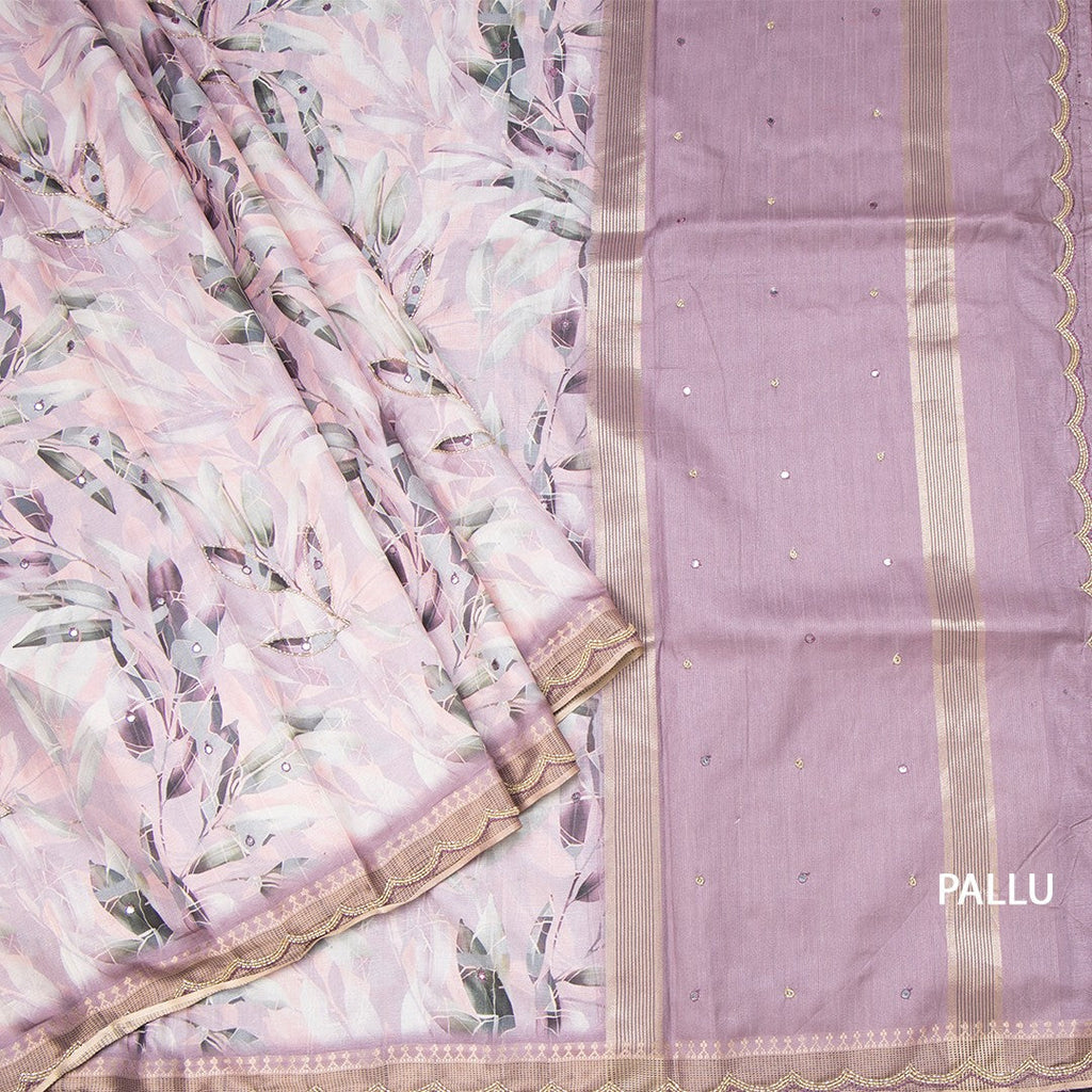 Raw Silk Light Pink Leaf Printed With Mirror Work Saree