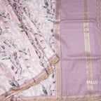 Raw Silk Light Pink Leaf Printed With Mirror Work Saree