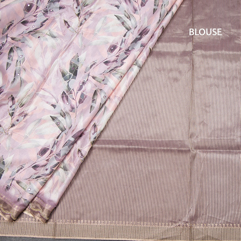 Raw Silk Light Pink Leaf Printed With Mirror Work Saree