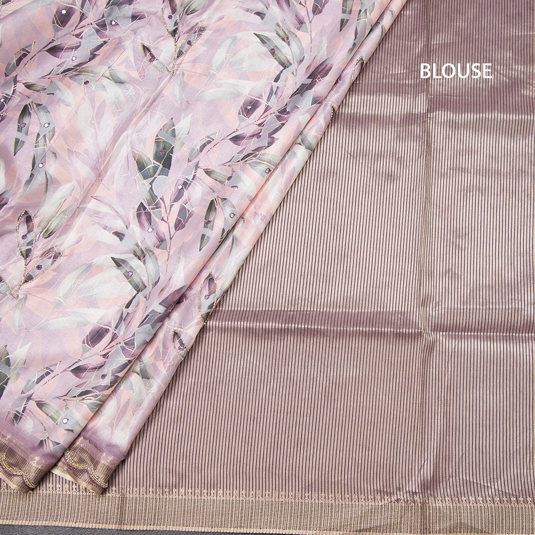Raw Silk Light Pink Leaf Printed With Mirror Work Saree