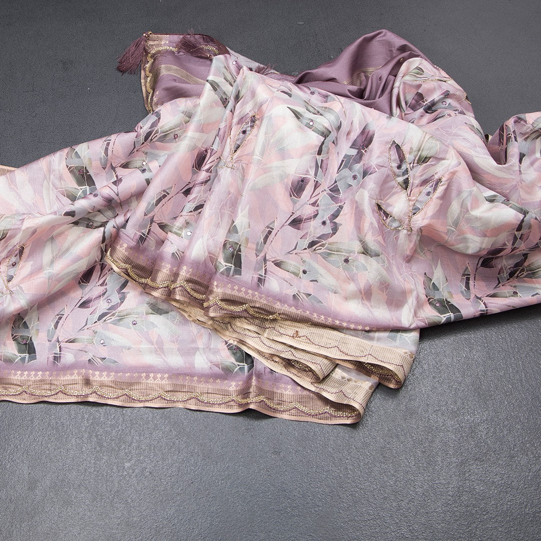 Raw Silk Light Pink Leaf Printed With Mirror Work Saree