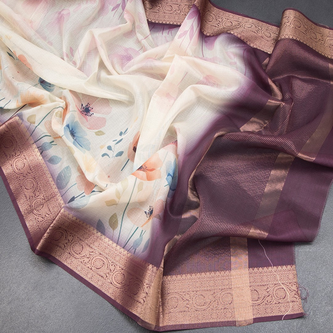 Kota Cream Floral Printed Saree With Zari Border