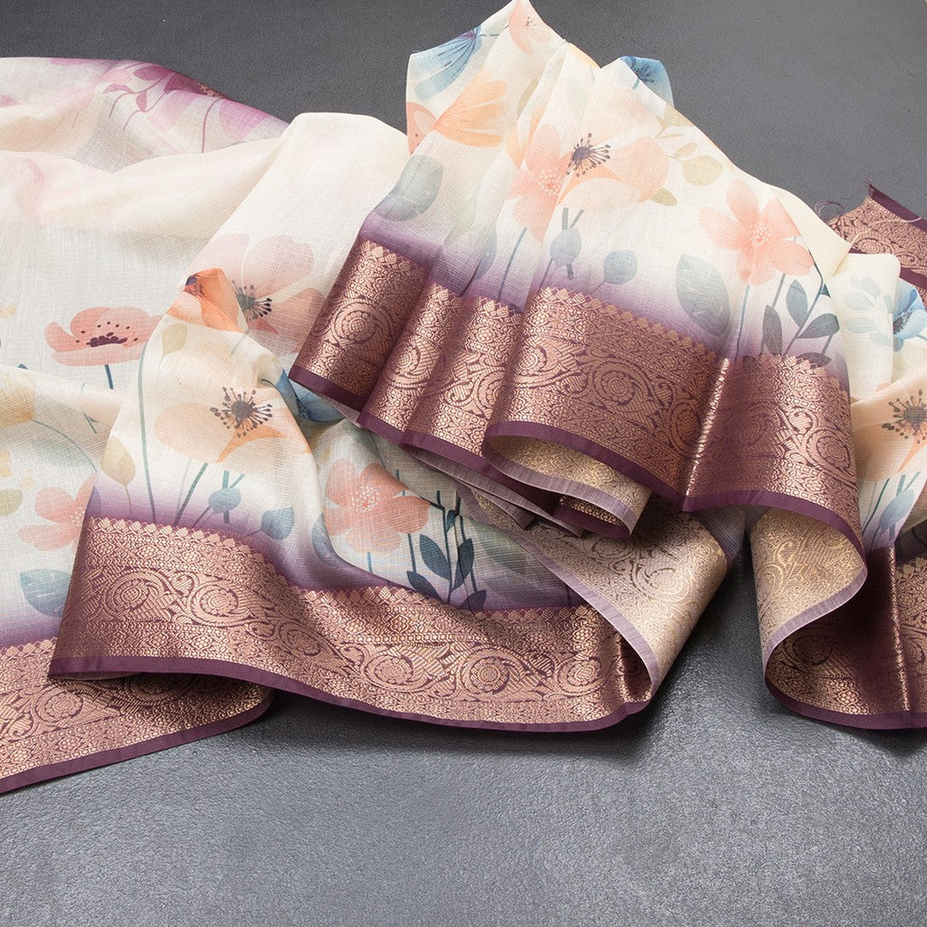 Kota Cream Floral Printed Saree With Zari Border