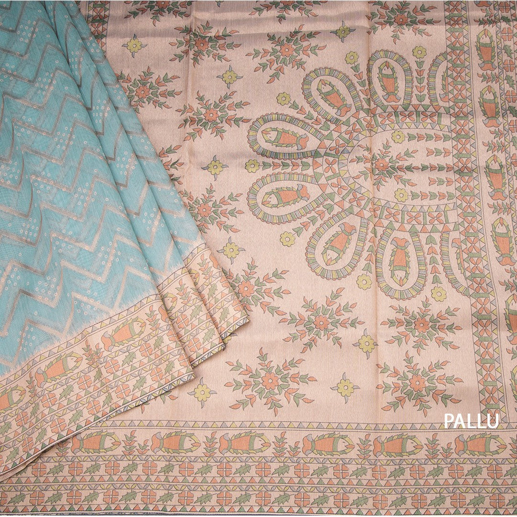 Tussar Sky Blue Zari With Printed Work Saree