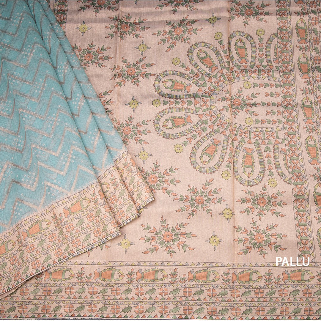 Tussar Sky Blue Zari With Printed Work Saree