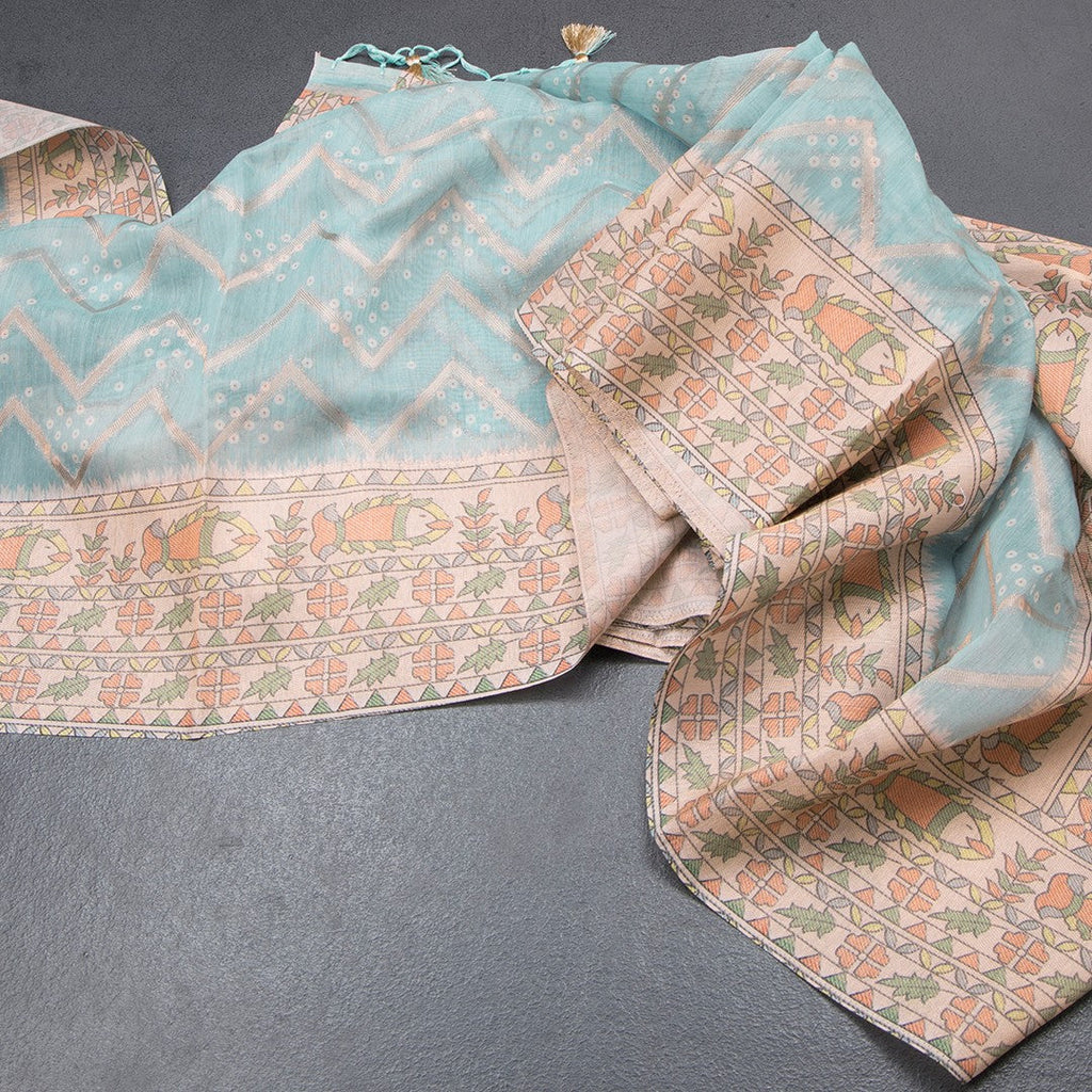 Tussar Sky Blue Zari With Printed Work Saree
