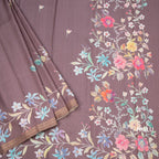 Semi Raw Silk Chocolate Brown Floral Printed Saree