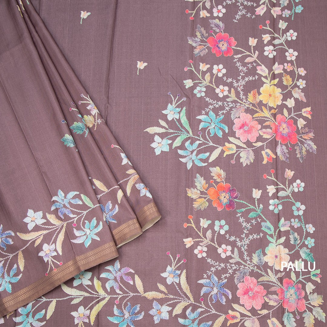Semi Raw Silk Chocolate Brown Floral Printed Saree