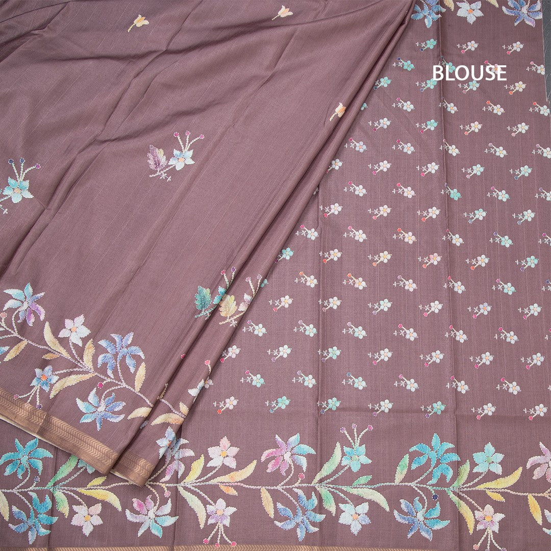 Semi Raw Silk Chocolate Brown Floral Printed Saree
