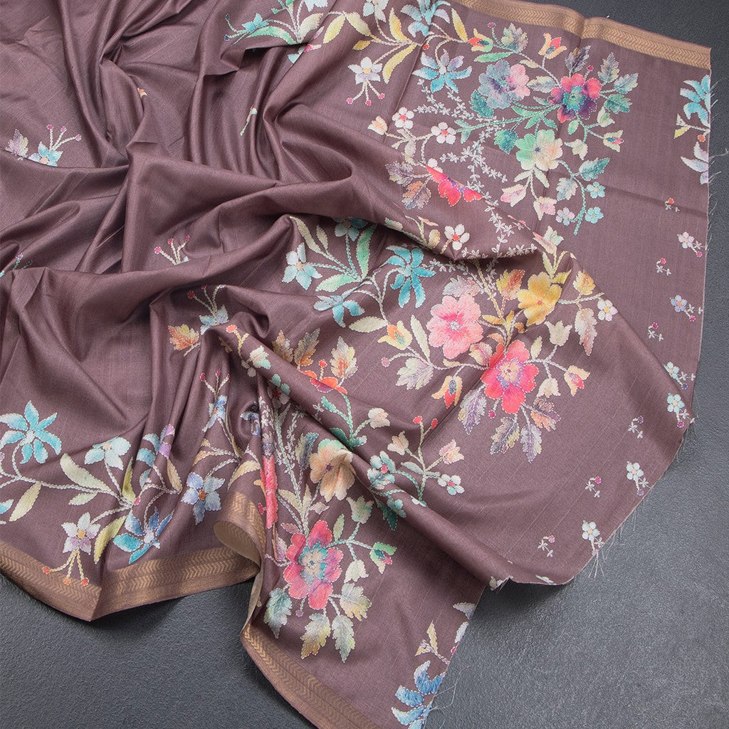 Semi Raw Silk Chocolate Brown Floral Printed Saree