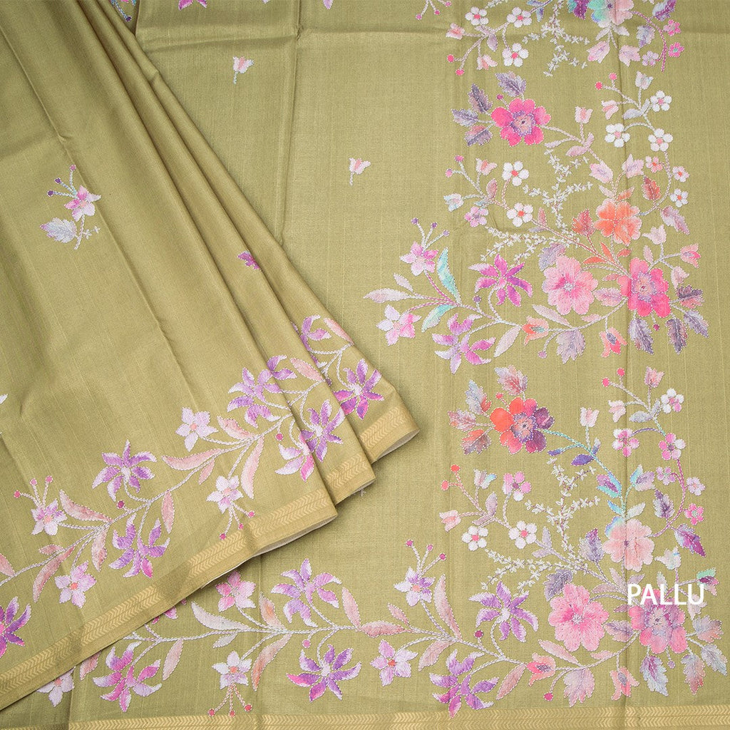 Semi Raw Silk Mehandi Green Floral Printed Saree