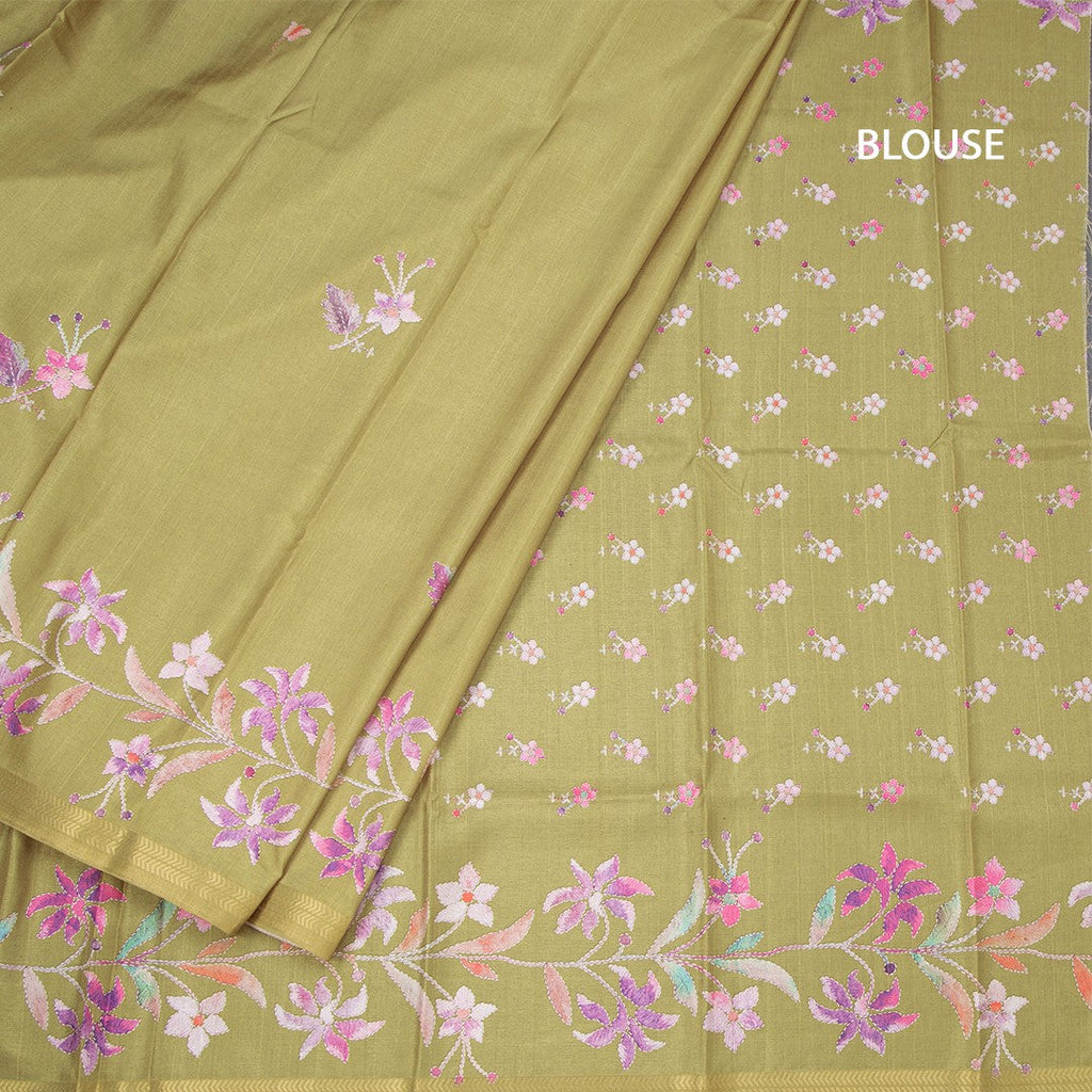 Semi Raw Silk Mehandi Green Floral Printed Saree